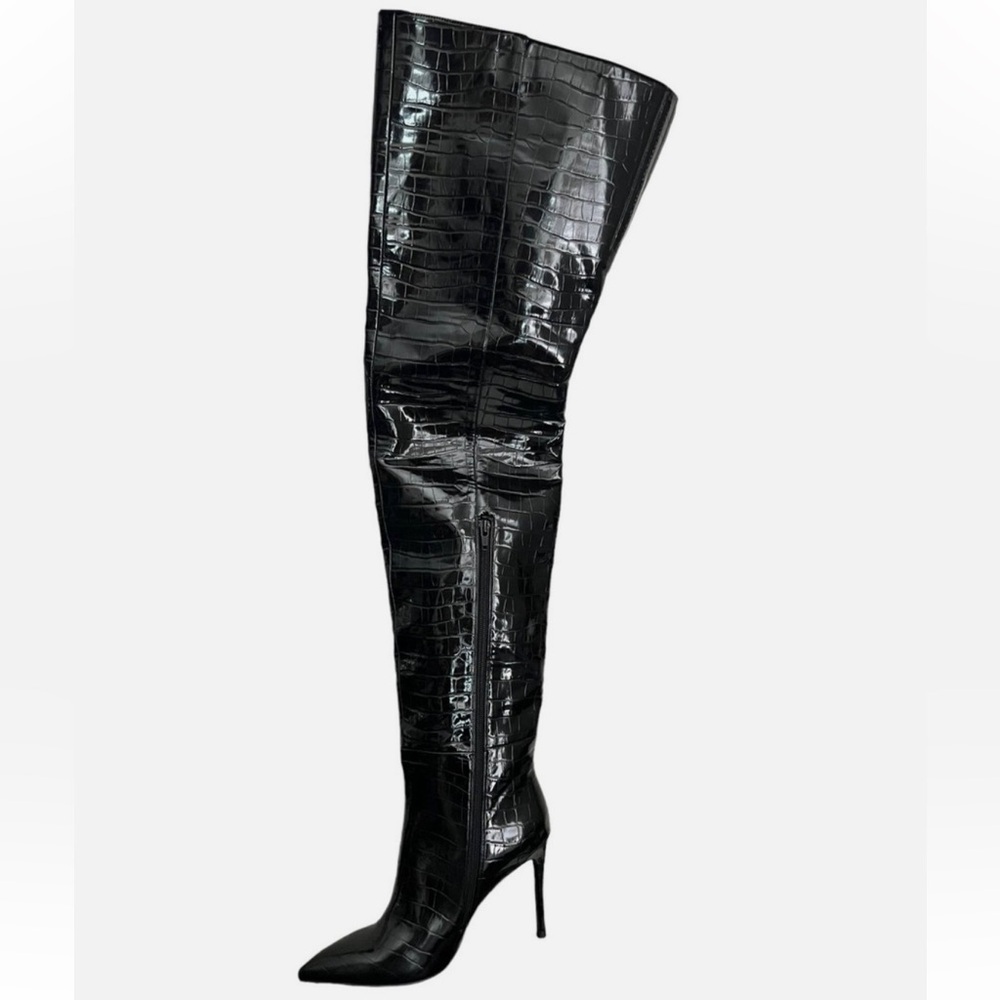 Forever 21 Black Croc Embossed Thigh High Over the Knee Boots Sz 10 - Picture 9 of 15